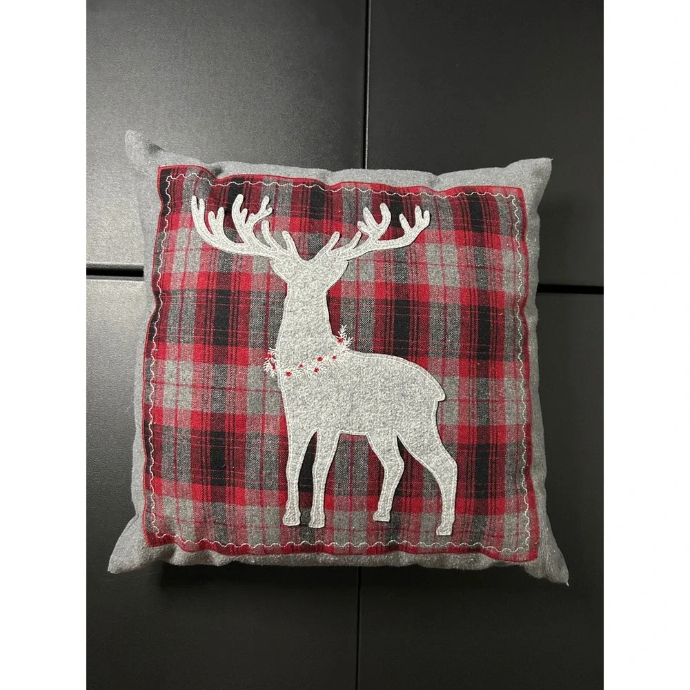 Unbranded Gray Red Plaid Reindeer Throw Pillow
